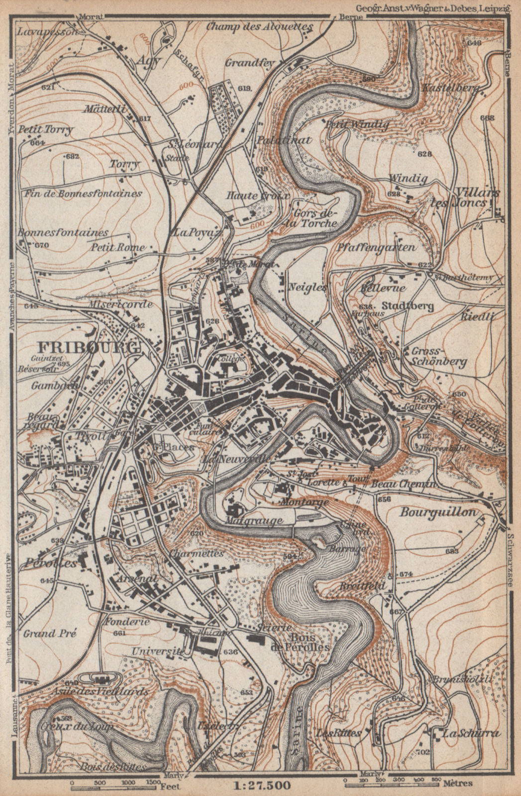 FRIBOURG / FREIBURG ENVIRONS. Switzerland Suisse Schweiz carte karte 1938 map